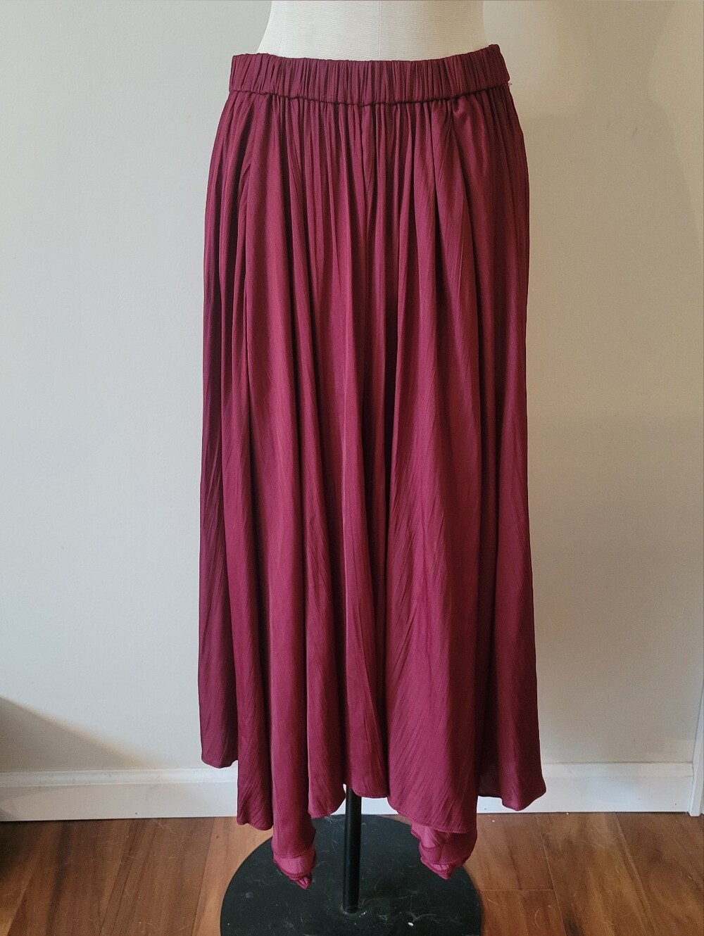Anthropologie Satin Asymmetric Pleated Midi Skirt Burgundy Small Elegant Flowy